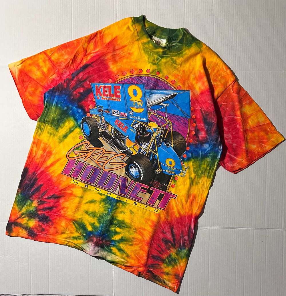 Vintage 1995 Greg Hodnett World of Outlaws Tour Tie-Dye Racing T-Shirt